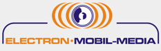 Electron Mobil Media Logo: ein stilisierter blauer Lautsprecher mit jeweils 3 orangenen Schallwellen nach links und nach rechts und darunter in Orange "Electron" und in blau "Mobil Media"